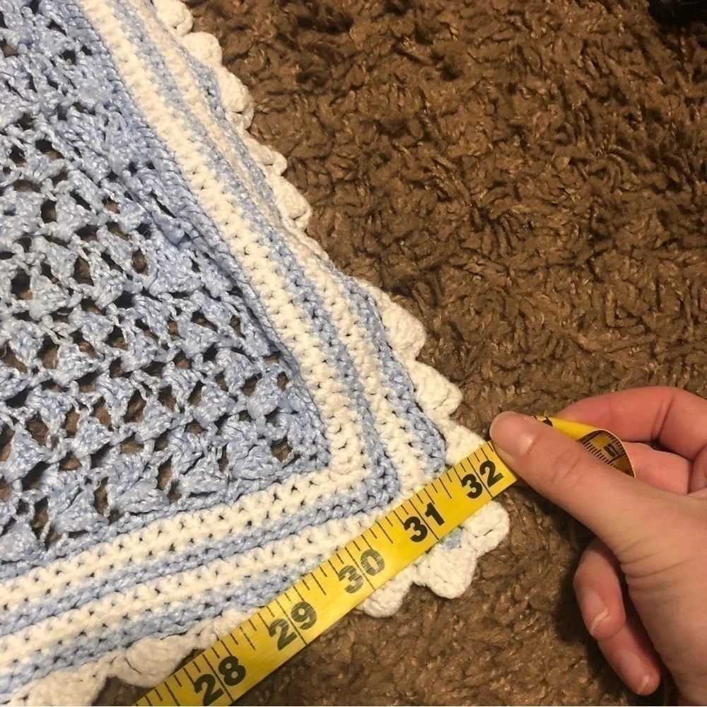 Blue Baby Blanket Hand Made Crochet White Border